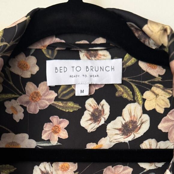 BED TO BRUNCH Cherry Blossom Print Button Front Pajama Top Blouse M Black - Picture 4 of 5